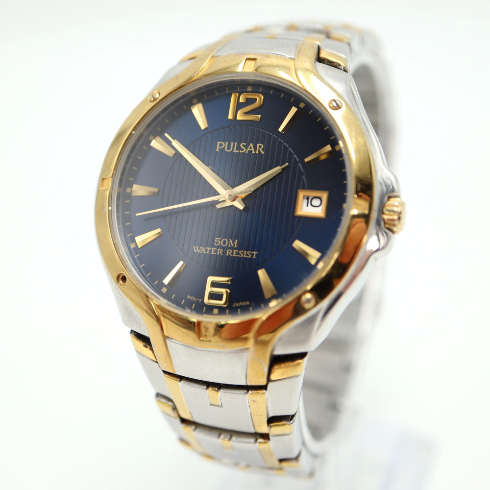 Pulsar by Seiko Mens Two Tone Dress Watch 39mm Blue Date Dial with New Battery